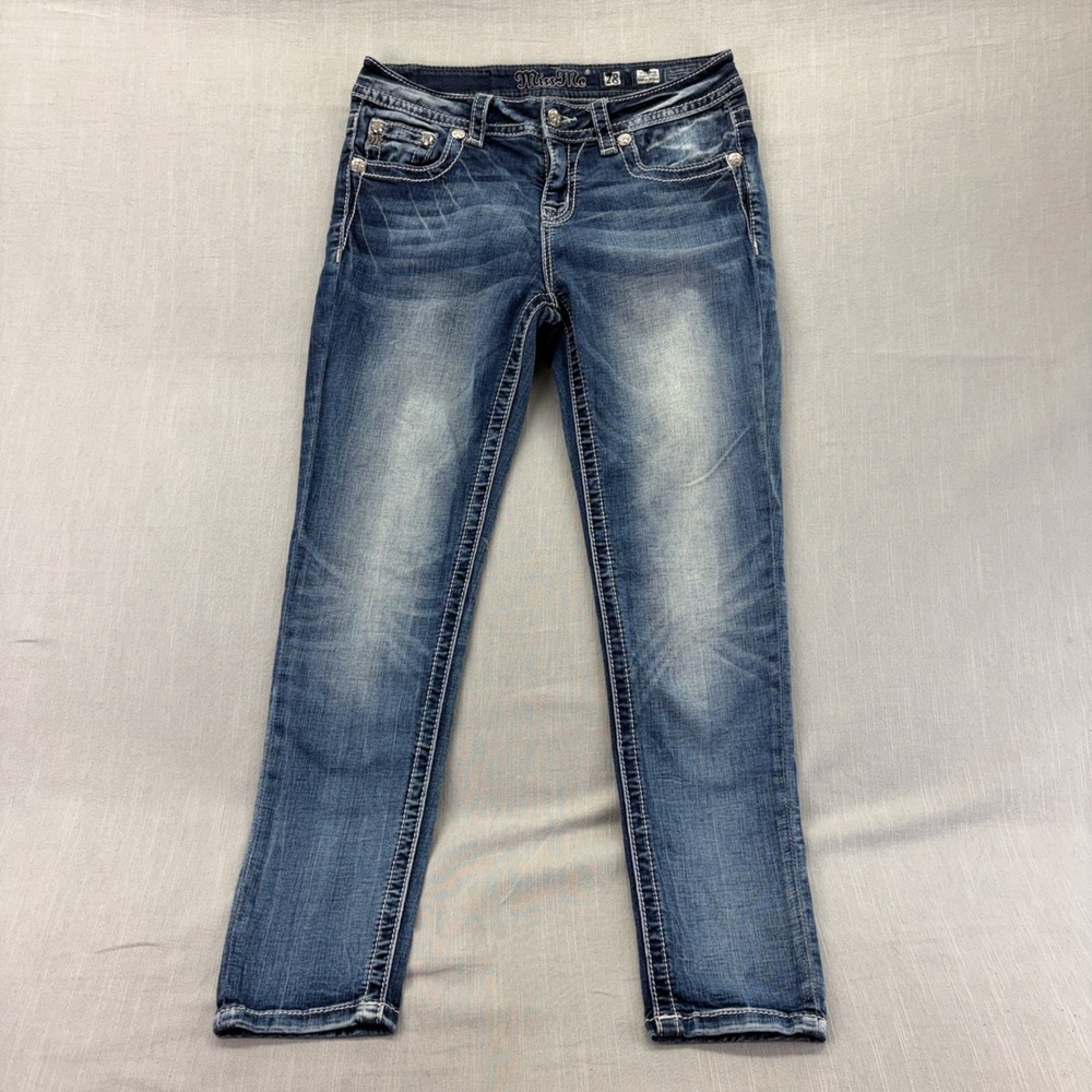 Miss Me Jeans Women 28 Skinny Blue Fleur-de-lis Embroidered Pocket Bling Denim